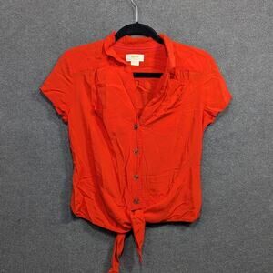 Maeve Anthropologie Tie Front Top Womens 6 Button Up Silky Red Orange Bright